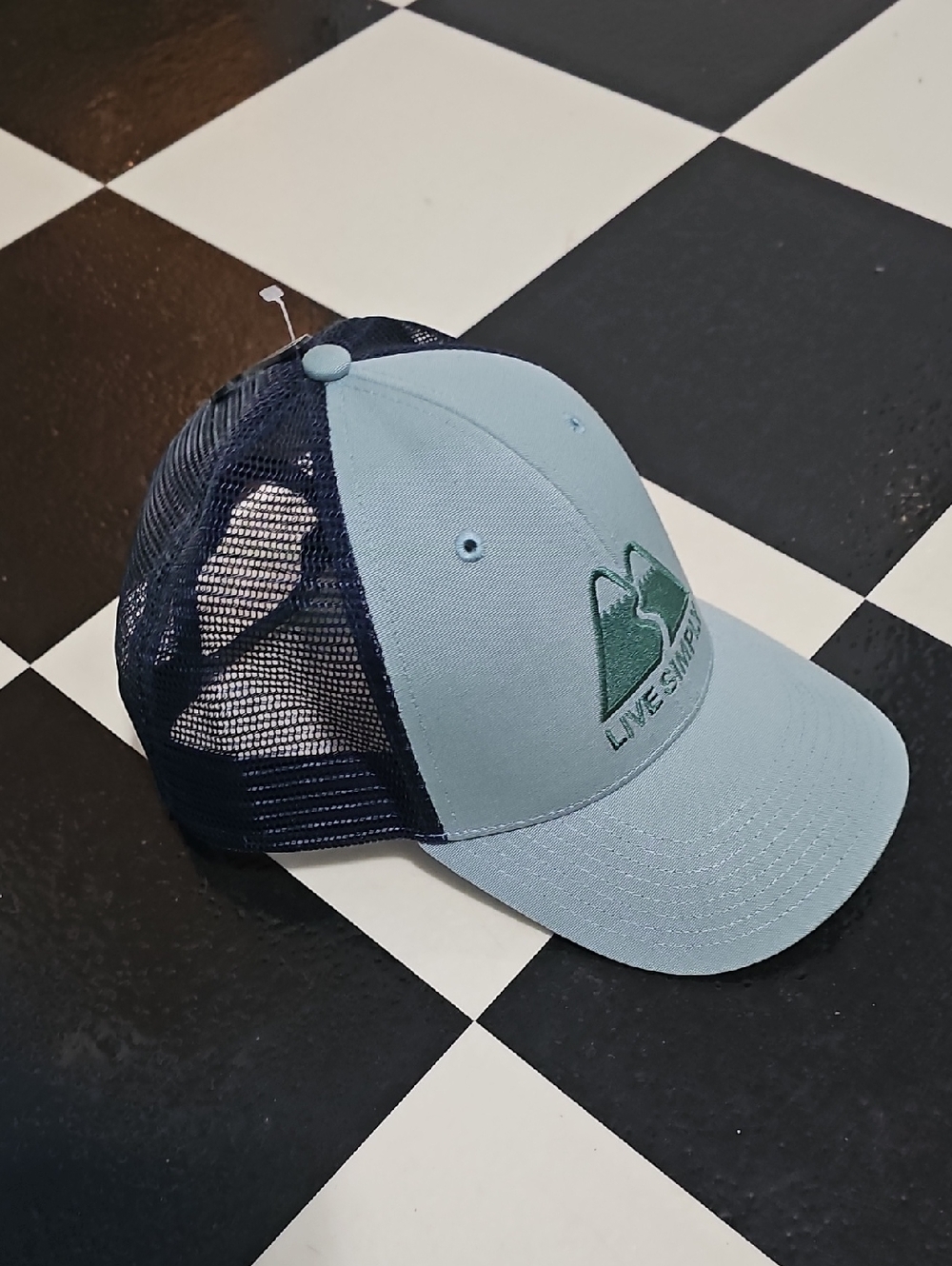 New Patagonia Live Simply Mountain Trucker Hat in Light Green and Navy One Size